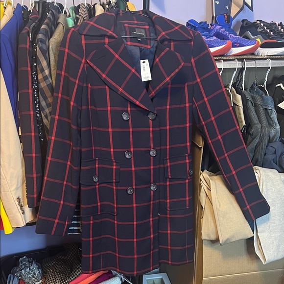 NWT The Limited Navy and Red Plaid Pea Coat - Picture 2 of 4